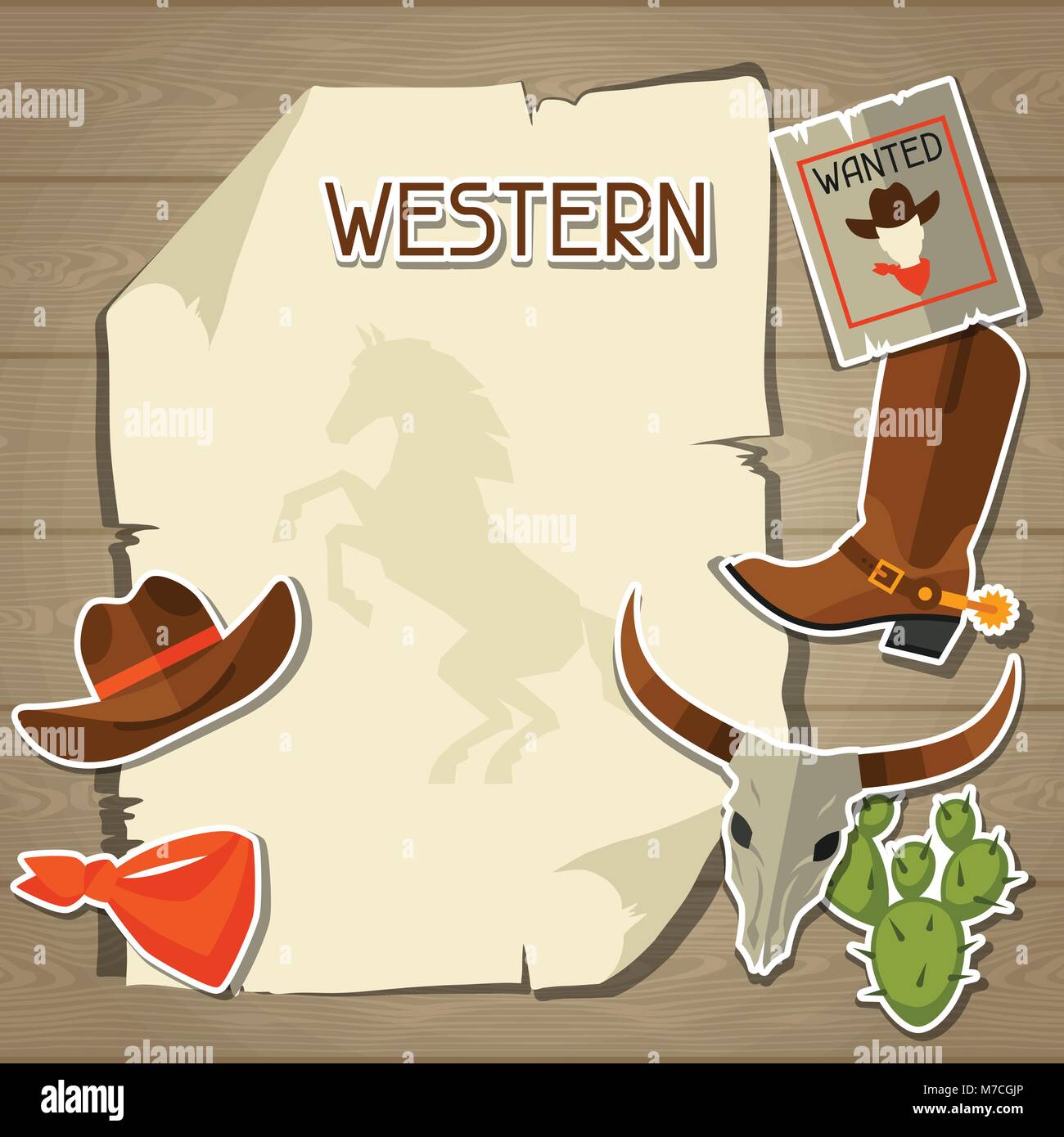 Wild west background with cowboy objects and stickers Stock Vector