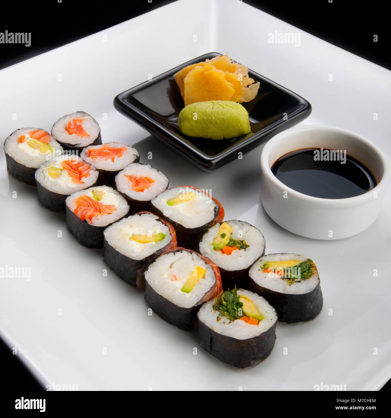 Close-up of sushi rolls with soy sauce and wasabi paste Stock Photo - Alamy