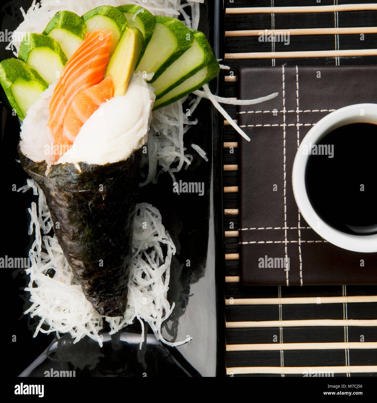 High angle view of Temaki sushi with soy sauce Stock Photo Alamy