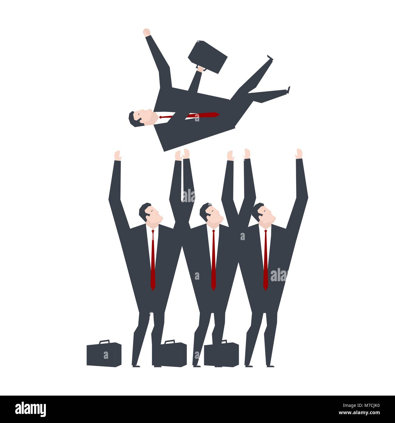 Businessmen throw up boss. Office managers congratulate boss. Office