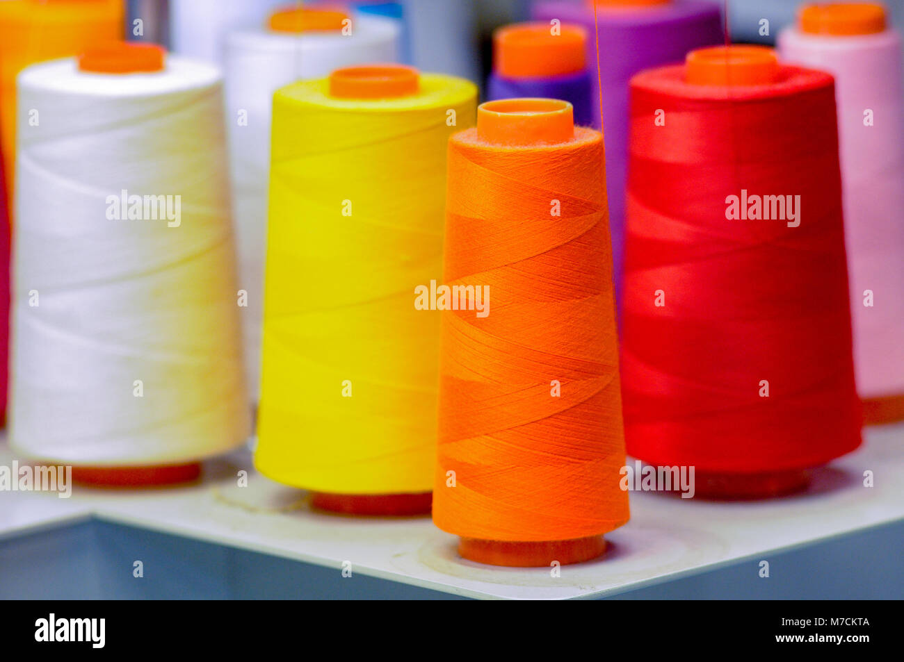 Multiple spools of colorful thread ready for monograming machine. Stock Photo