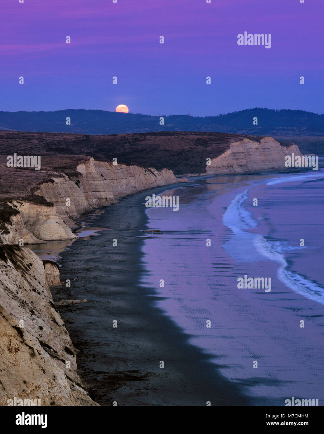 Moonrise, Drake's Beach, Point Reyes National Seashore, Marin County California Stock Photo