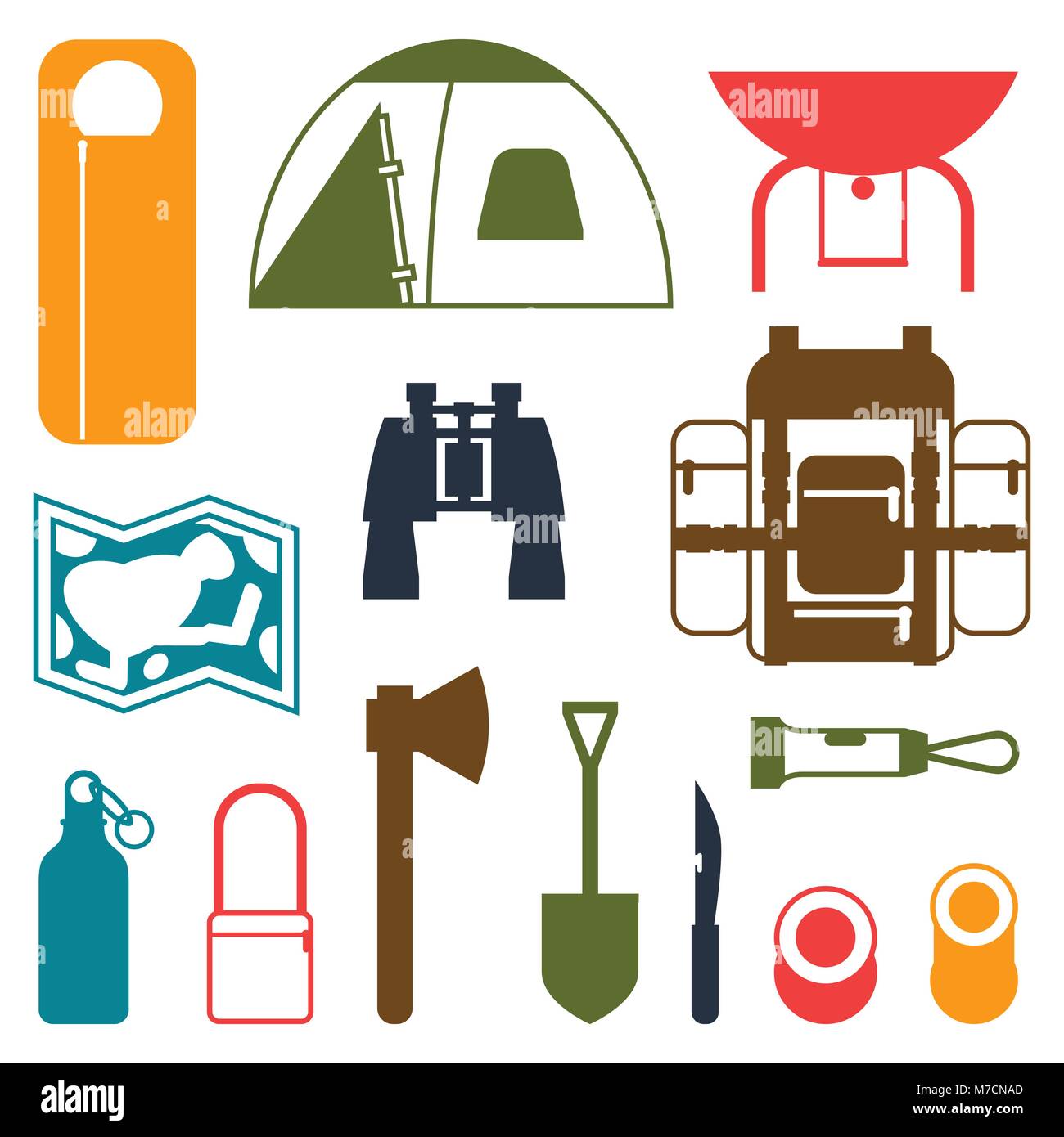 Tourist set of camping equipment icons in flat style Stock Vector Image ...