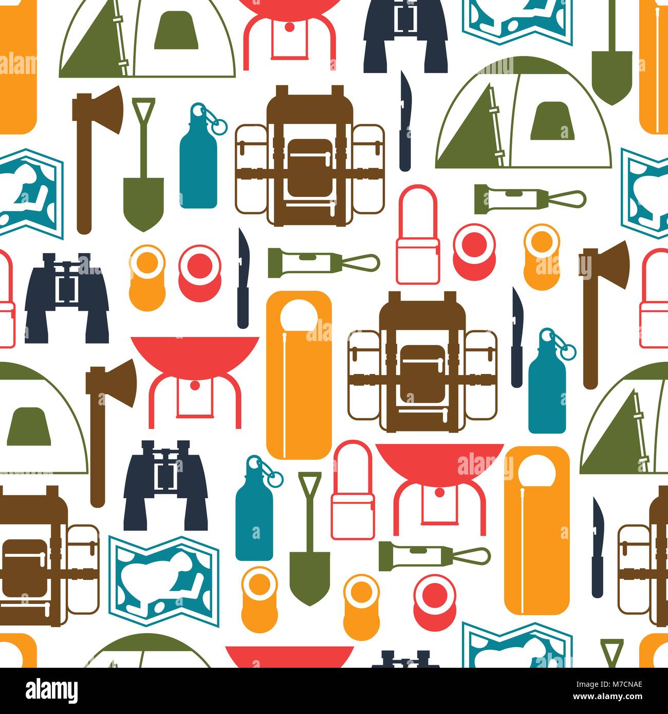 Tourist seamless pattern with camping equipment in flat style Stock ...