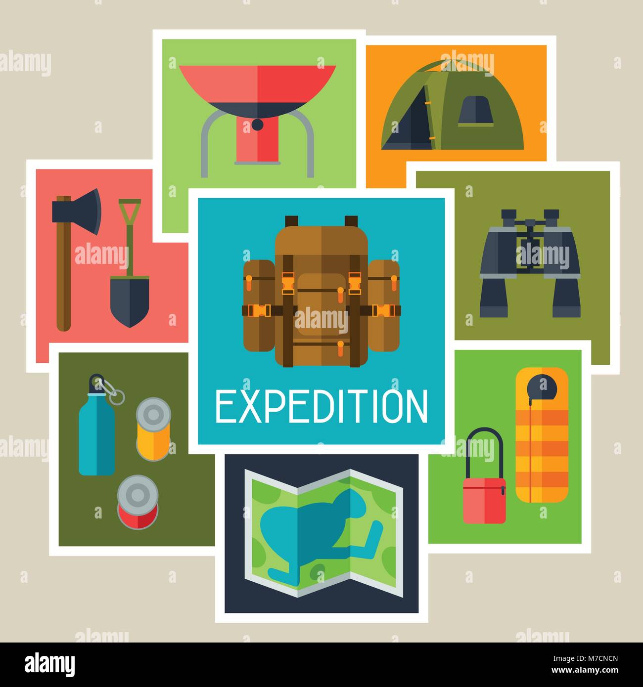 Tourist background with camping equipment in flat style Stock Vector ...