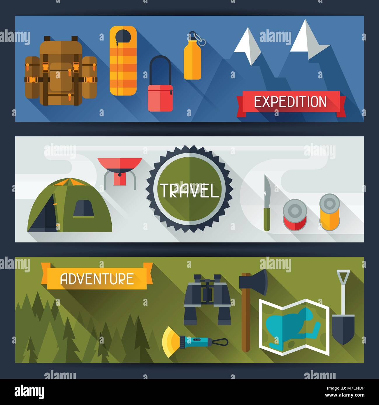 Tourist banners with camping equipment in flat style Stock Vector Image ...