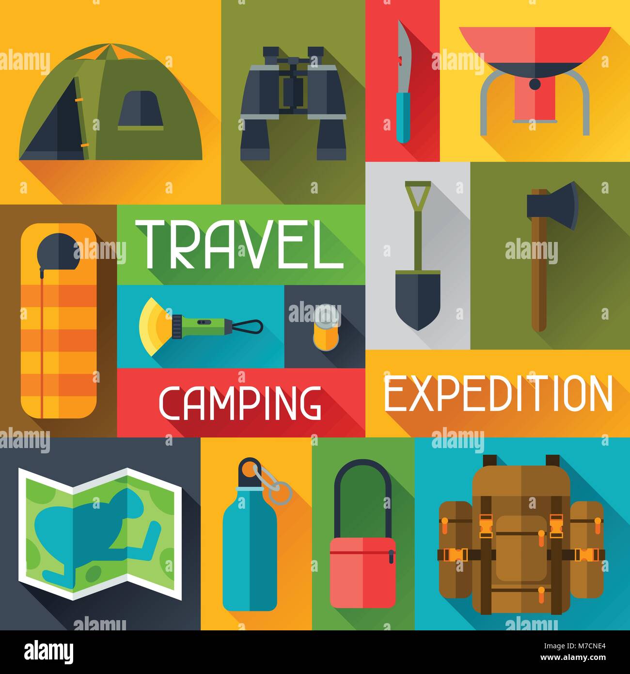Tourist background with camping equipment in flat style Stock Vector ...