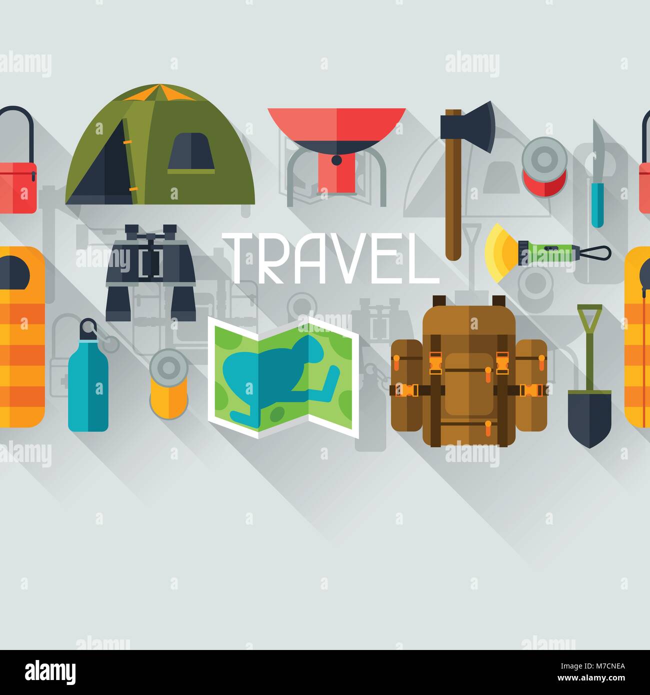 Tourist seamless pattern with camping equipment in flat style Stock ...