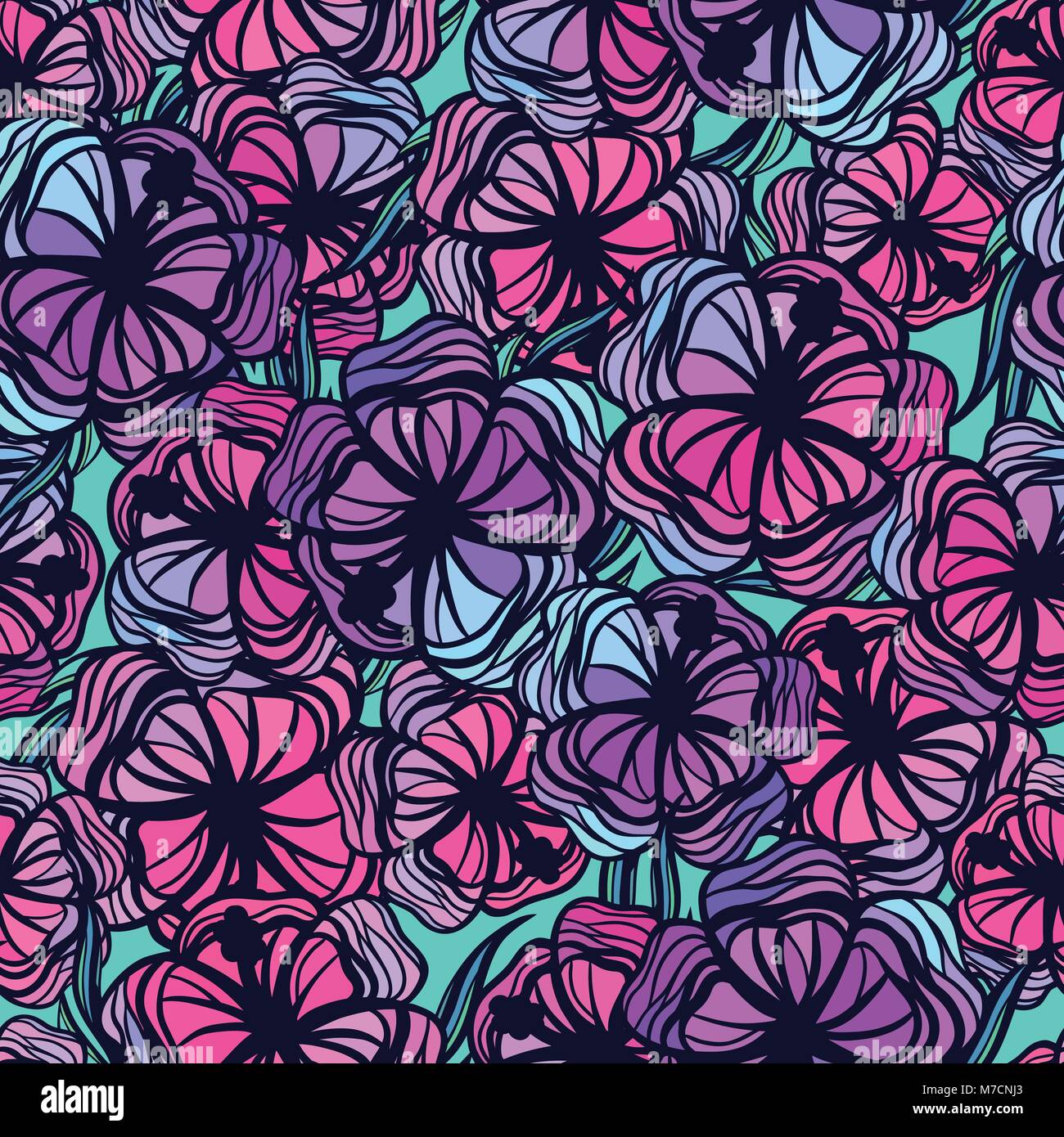 Seamless pattern with stylized colored tropical flowers Stock Vector