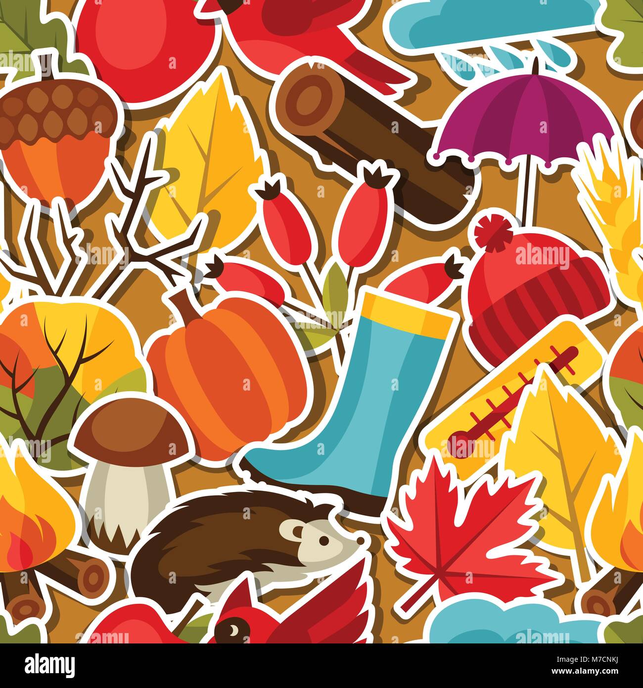 Seamless pattern with autumn sticker icons and objects Stock Vector ...