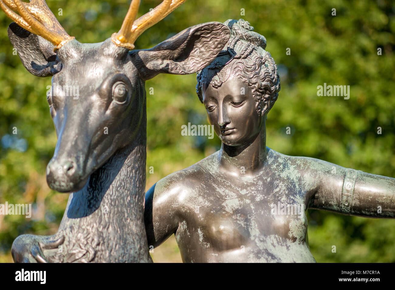 Detail of public sculpture of Diana the goddess of hunt resting located