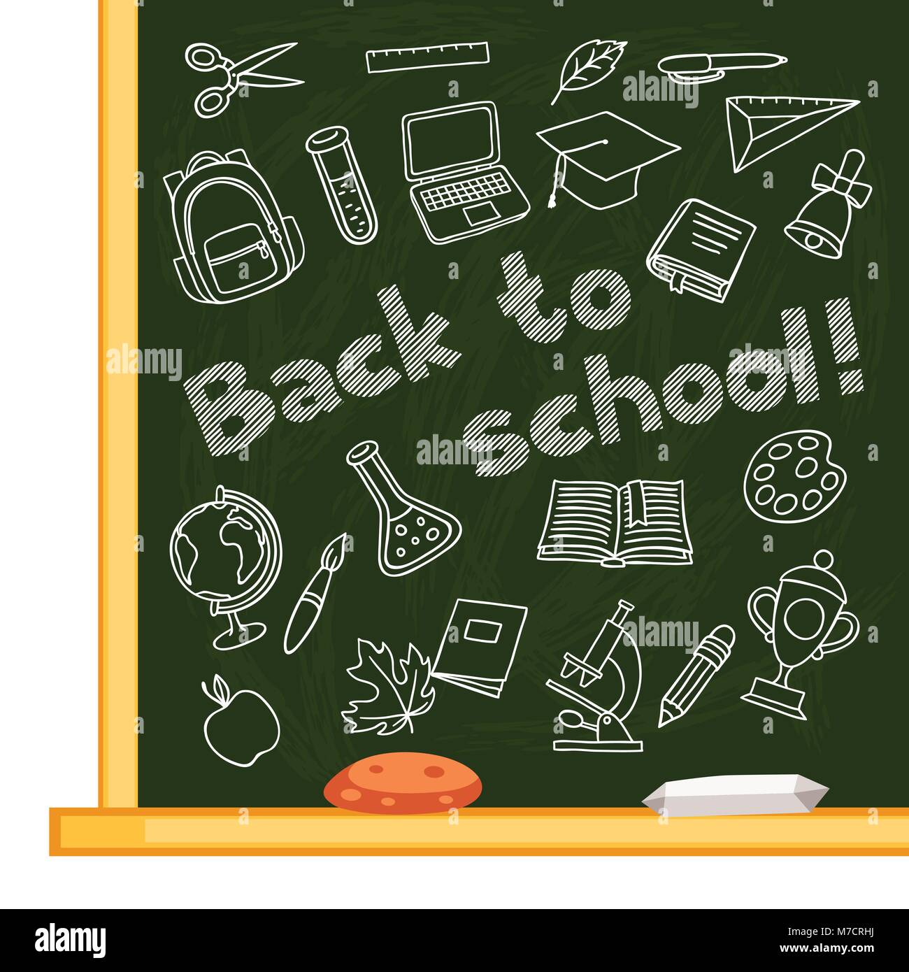 Back to school background with hand drawn icons on chalk board Stock ...