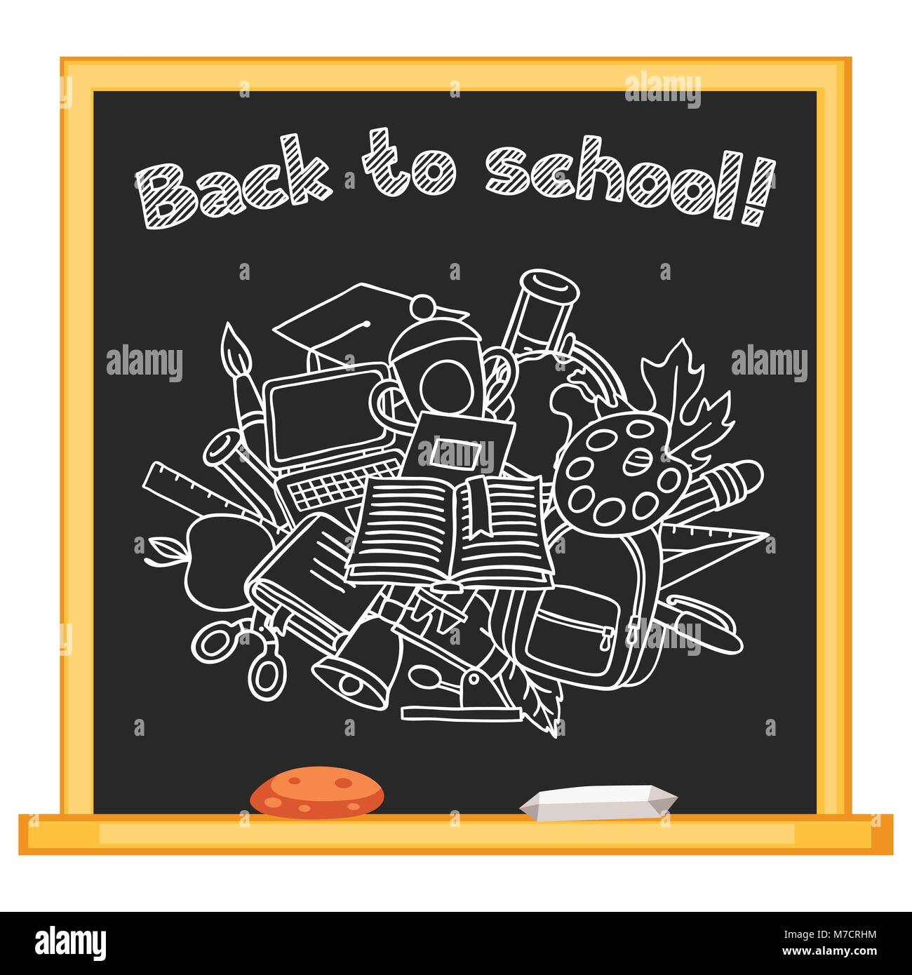 Back to school background with hand drawn icons on chalk board Stock ...