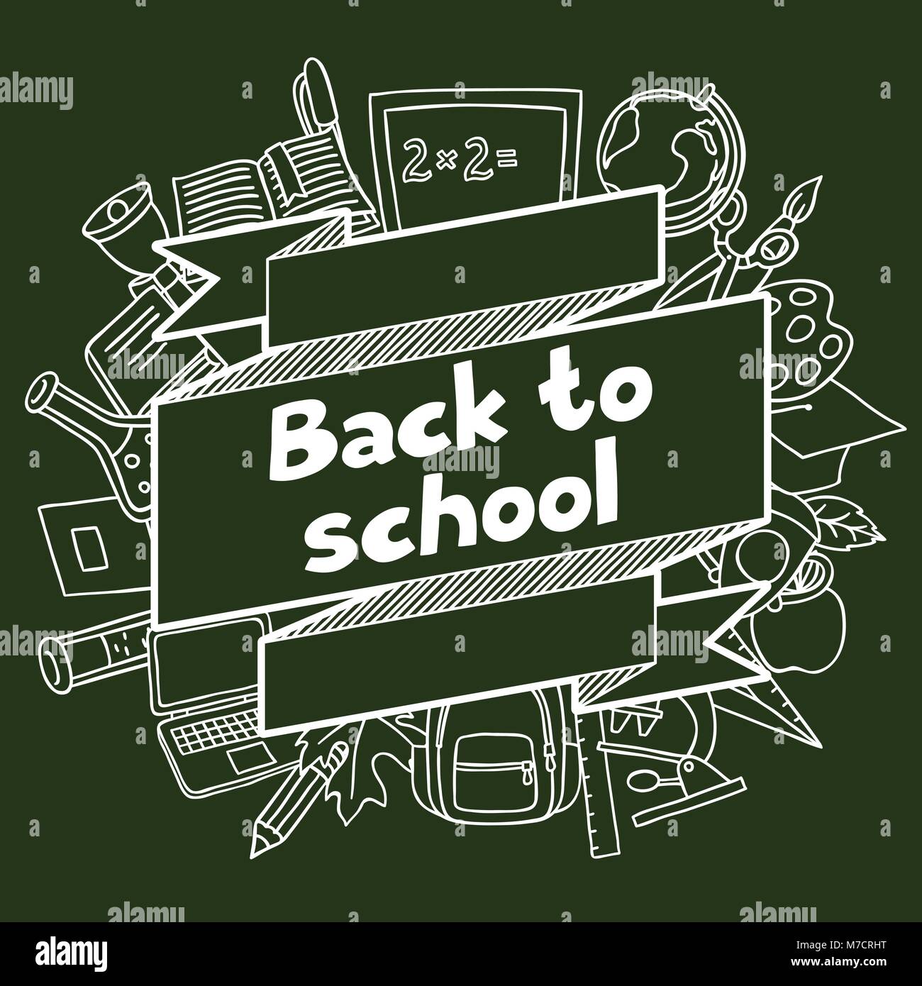 Back to school background with hand drawn icons on chalk board Stock ...