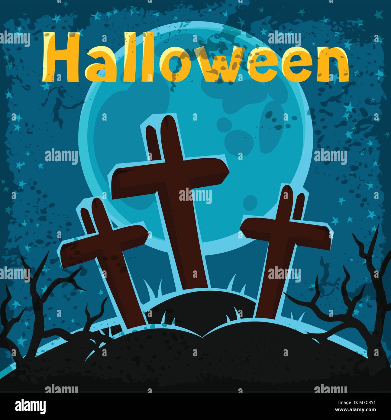 Happy halloween greeting card with cemetery and graves Stock Vector
