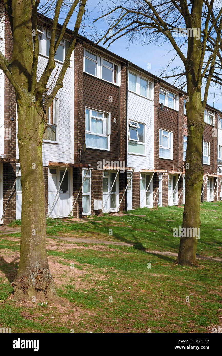 Mid-Century Modern 1960s Housing at Pin Green, Stevenage New Town, with trees and gardens. Stock Photo