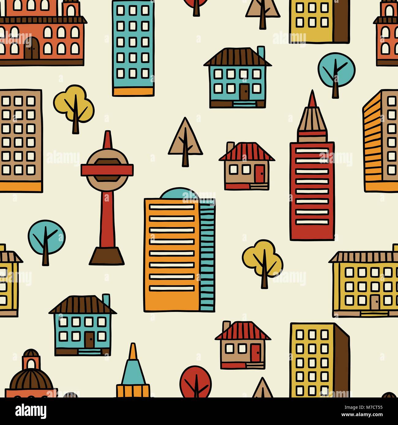 Town seamless pattern with hand drawn houses Stock Vector Image & Art ...