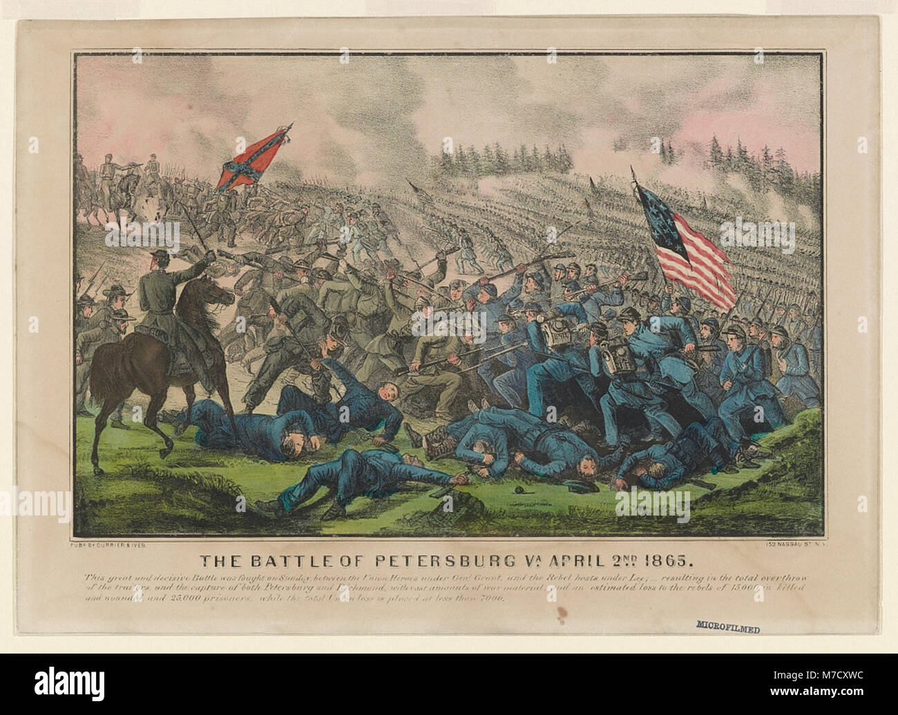 A photograph depicting the Battle of Petersburg, Virginia, on April 2, 1865, marking a significant moment in the final stages of the American Civil War, leading to the Union victory. Stock Photo