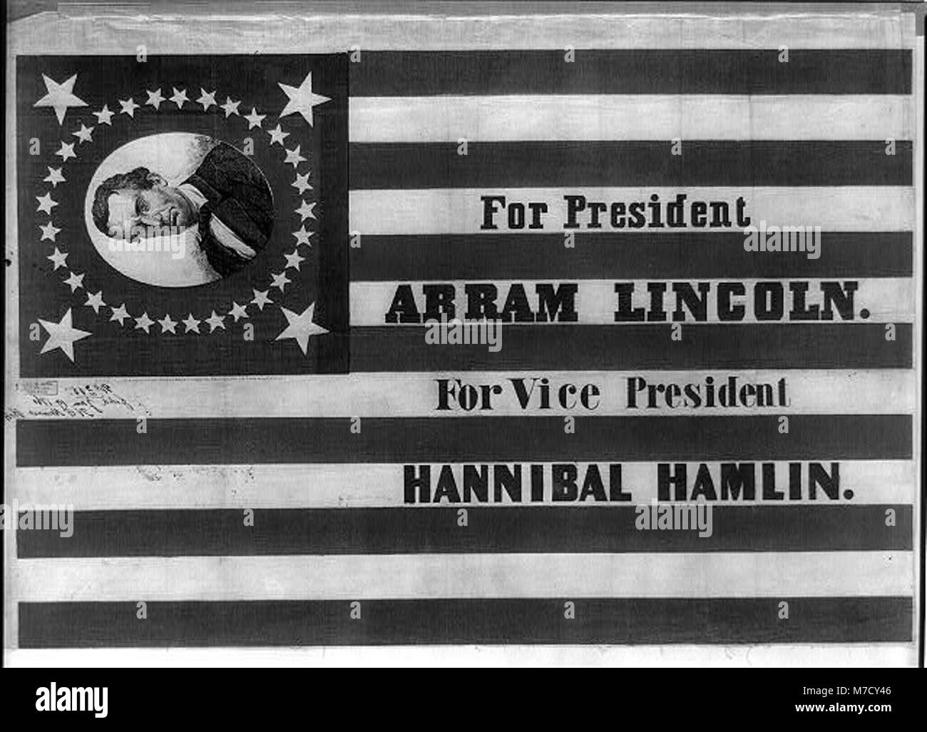 A historical election poster from the 1860 U.S. presidential election, promoting Abraham Lincoln for president and Hannibal Hamlin for vice president. Stock Photo