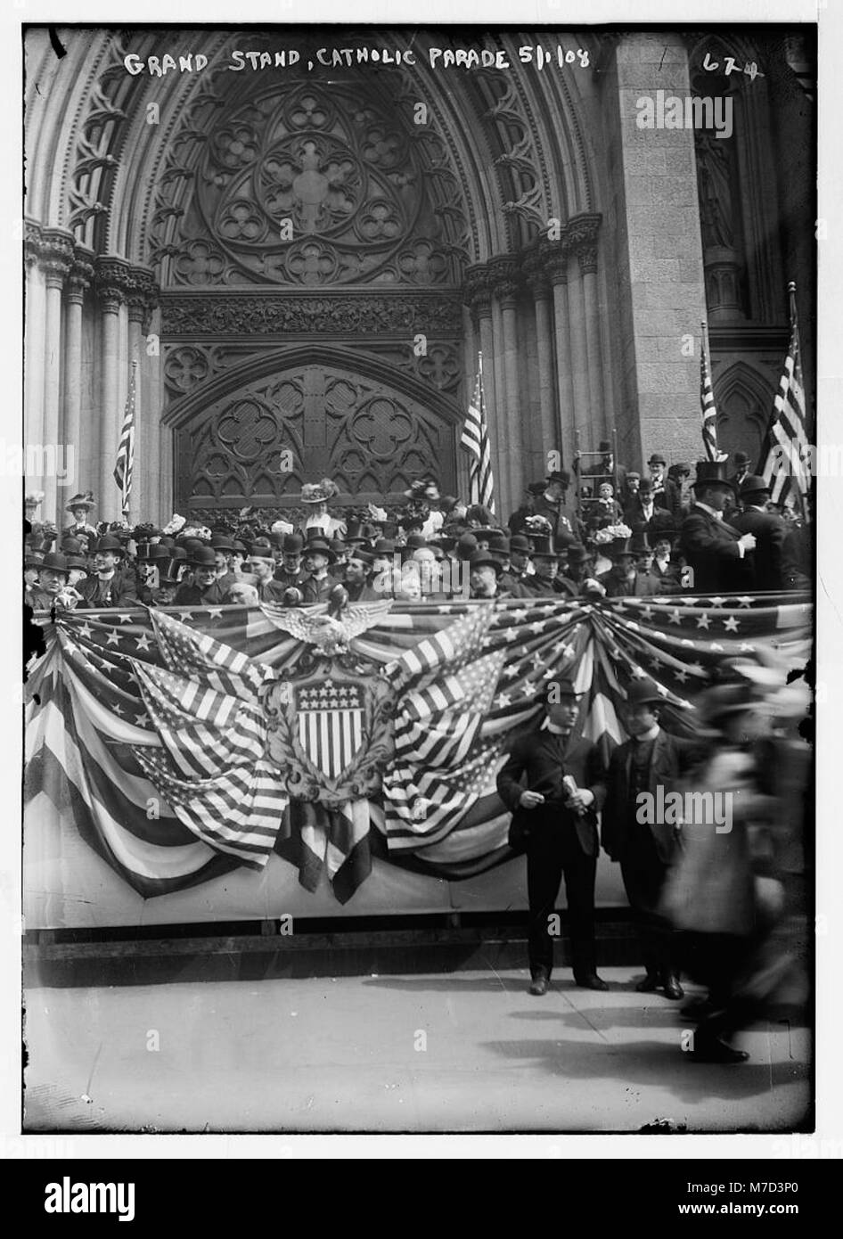 A photograph of the Grand Stand during a Catholic Parade in New York ...