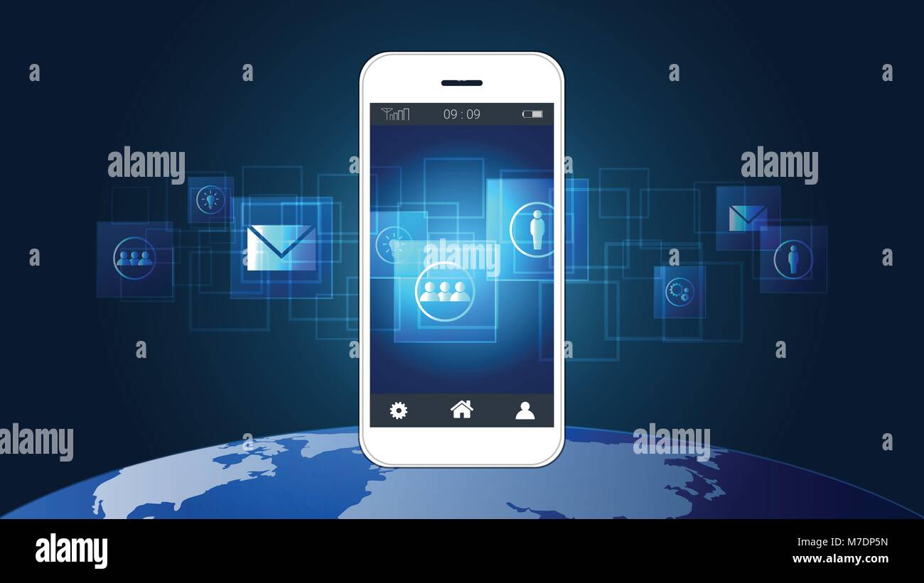 Smart phone screen showing digital circuit boards with icon and world ...