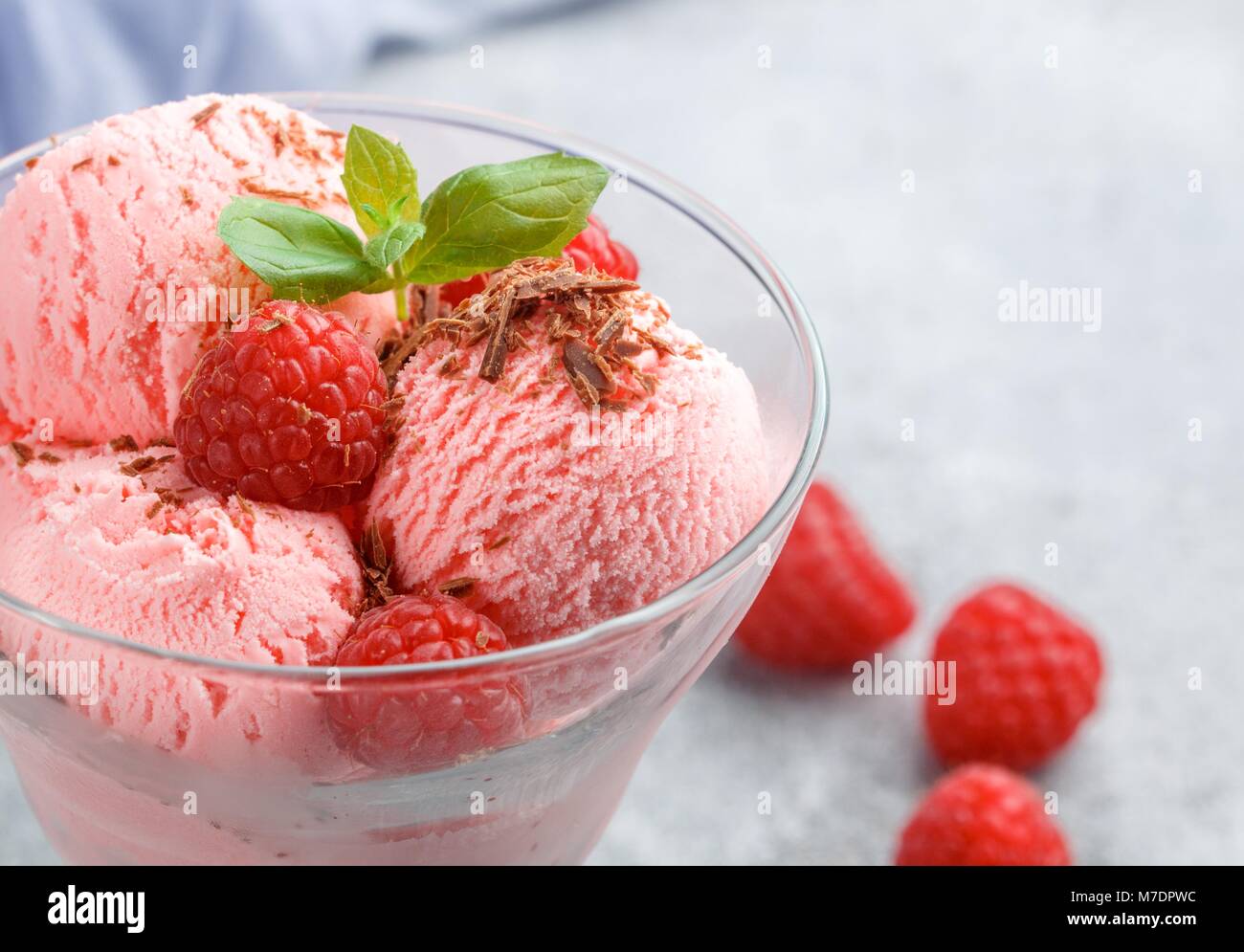Homemade raspberry ice cream with chocolate and mint. A refreshing ...