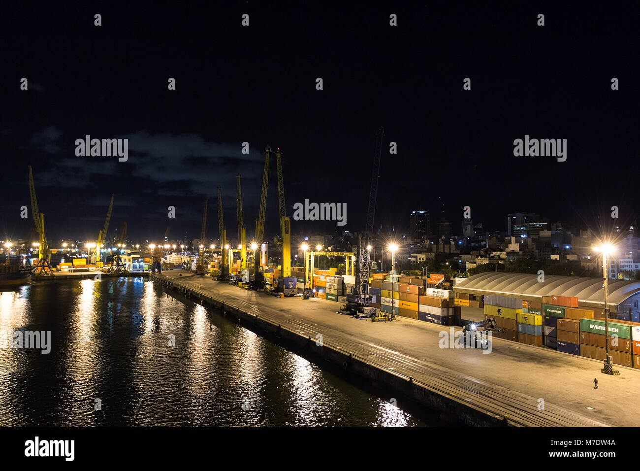 Montevideo, Uruguay - February 25th, 2018: The Port of Montevideo at night in Uruguay, South America. Stock Photo