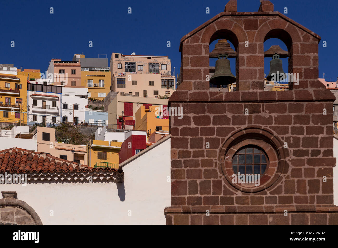 Church bell tower in San Sebastian, La Gomera, Canary Islands Stock Photo