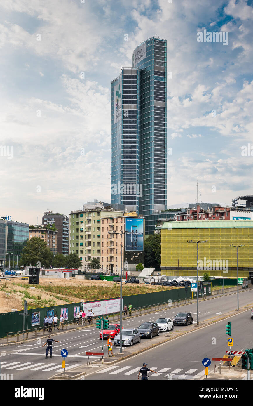 Milan, Italy - August 10, 2017: Palazzo Lombardia (Lombardy Building), the main seat of the government of Lombardy and via Melchiorre Gioia Stock Photo