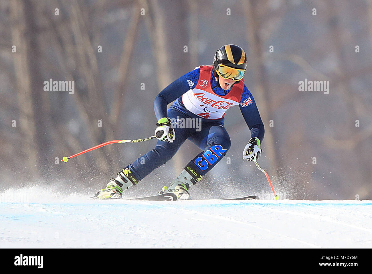 Great Britain's Millie Knight on her way to Silver in the Women's Downhill, Visually Impaired at the Jeongseon Alpine Centre during day one of the PyeongChang 2018 Winter Paralympics in South Korea. Stock Photo