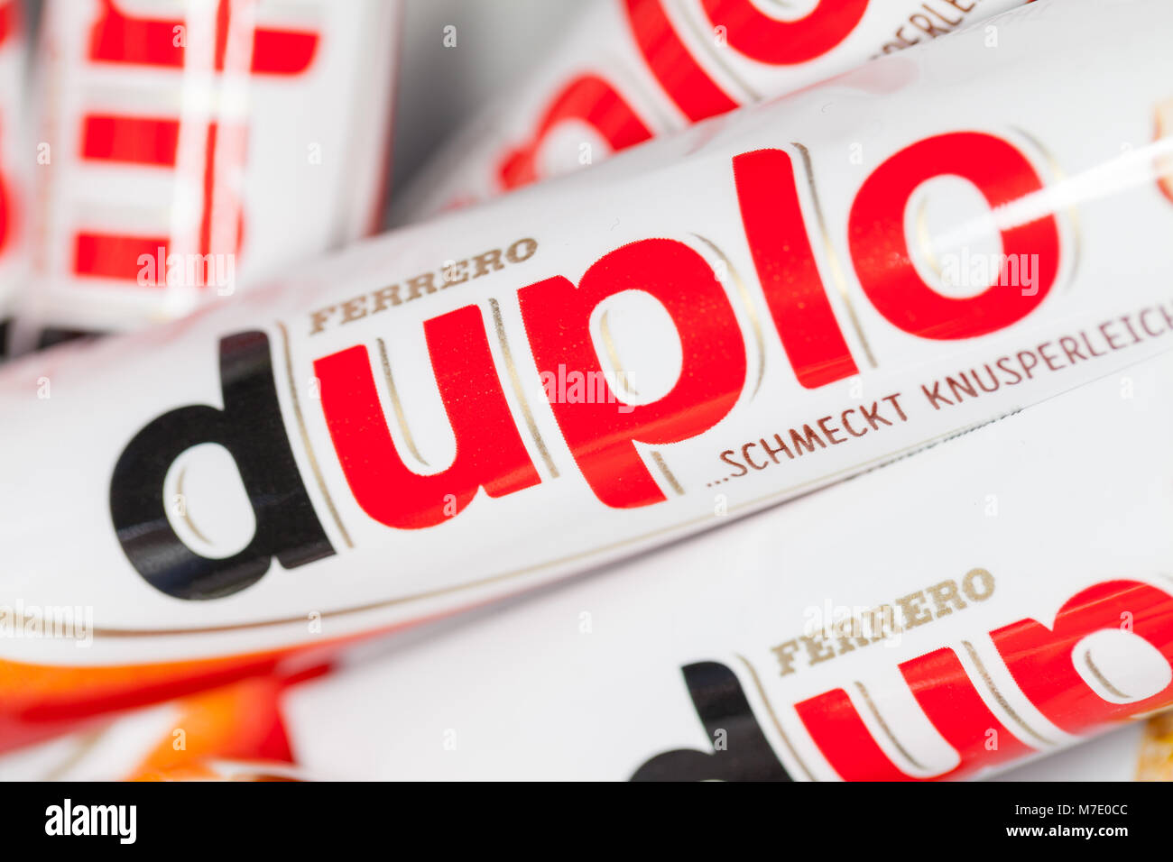FUERTH / GERMANY - MARCH 3, 2018: Duplo bars lies in a bowl. Duplo produced by Ferrero which was founded  in 1946. Stock Photo