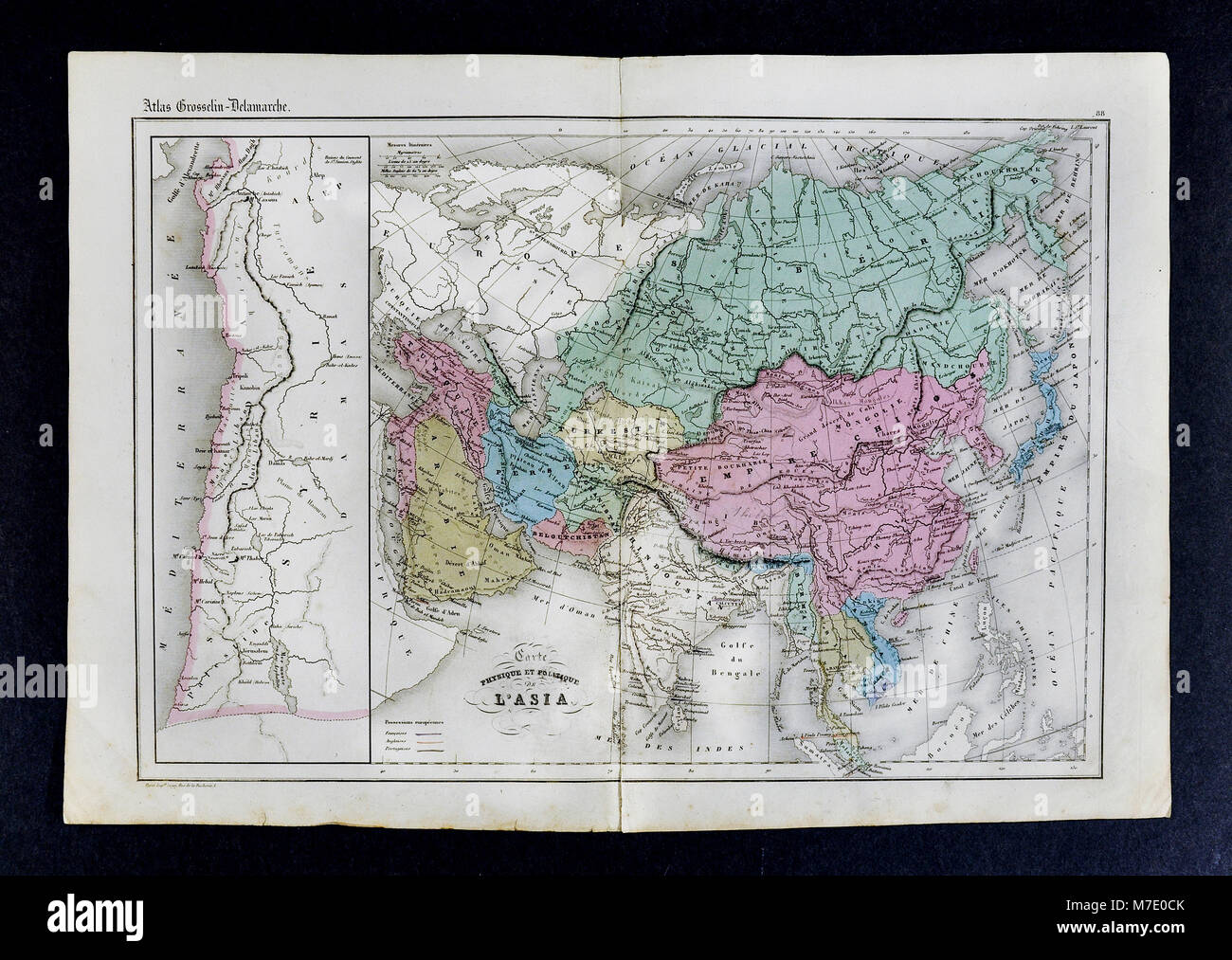 1858 Delamarche Physical & Political Map of Asia including China, Japan, Persia, India, Arabia, Turkey Stock Photo