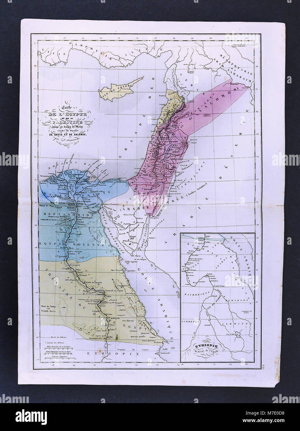 1858 Delamarche Map of Ancient Palestine & Egypt during the Time of Moses with the Kingdoms of David and Solomon Stock Photo