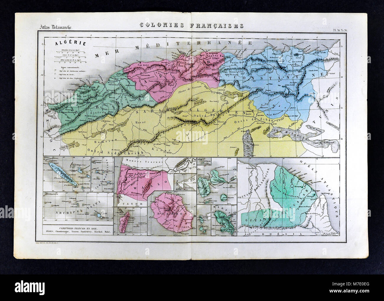 1858 Delamarche Map - French Colonies including Algeria, New Caledonia, Tahiti, St. Helena, Martinique, Guadeloupe and French Guiana Stock Photo
