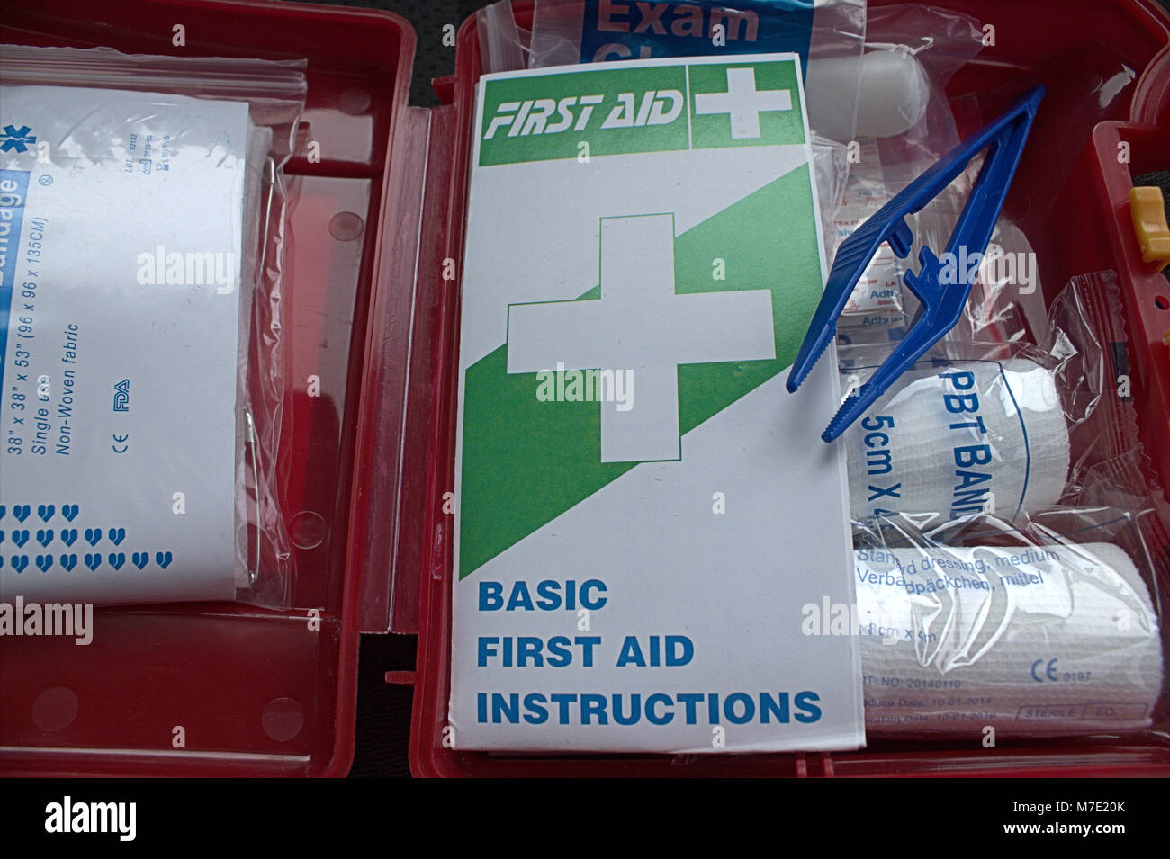 Contents of a car first aid kit. Stock Photo