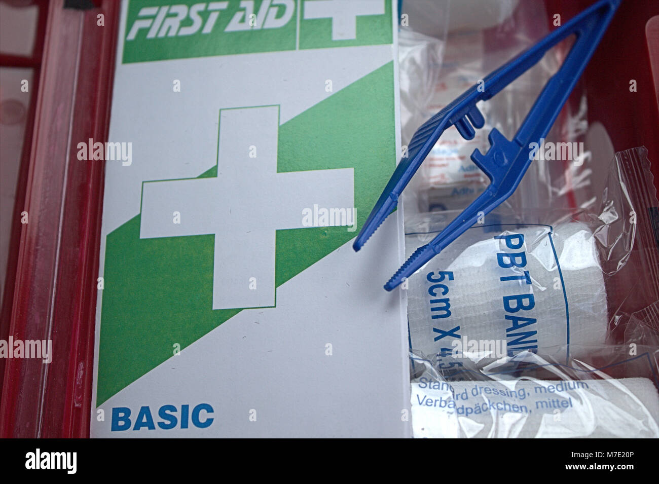 Contents of a car first aid kit. Stock Photo