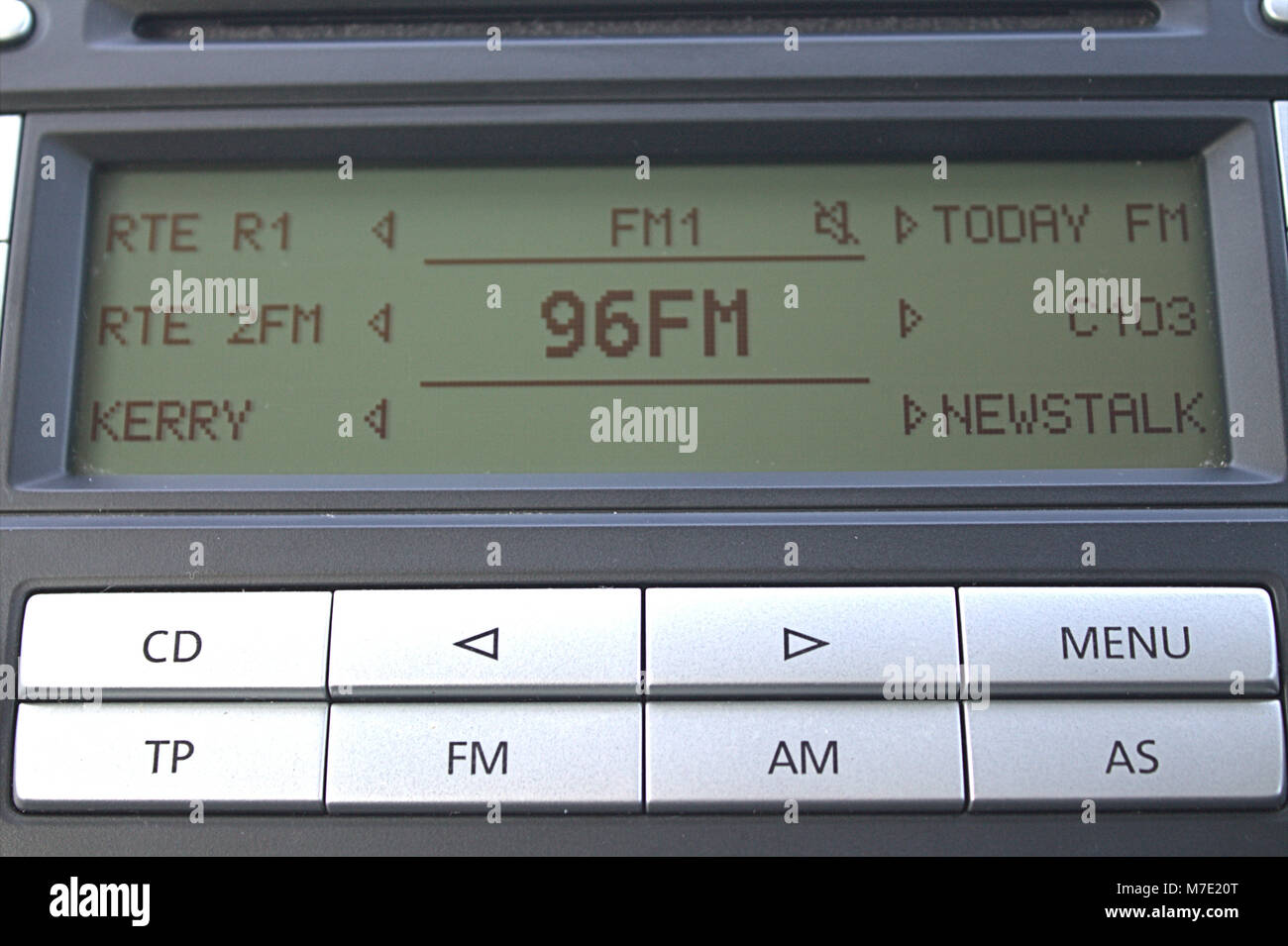 Close up of in car entertainment system showing Fm and AM selections Stock Photo