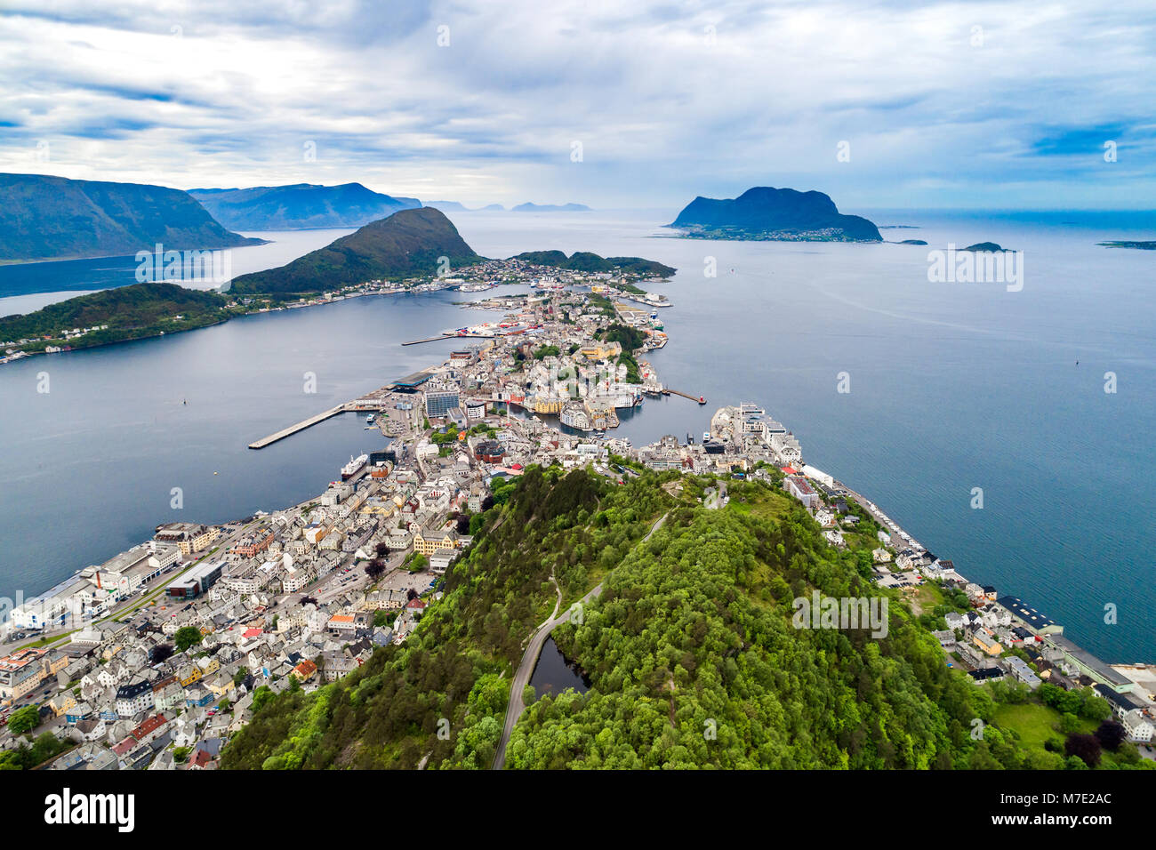 Aksla at the city of Alesund , Norway Aerial footage. It is a sea port, and is noted for its concentration of Art Nouveau architecture. Stock Photo