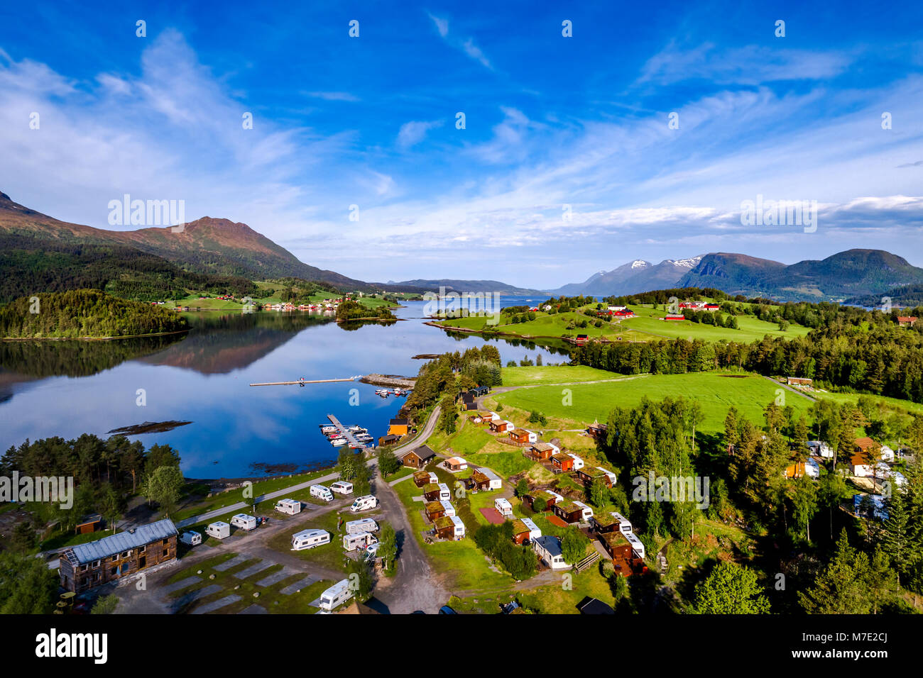 Beautiful Nature Norway natural landscape. Aerial view of the campsite to relax. Family vacation travel, holiday trip in motorhome RV. Stock Photo