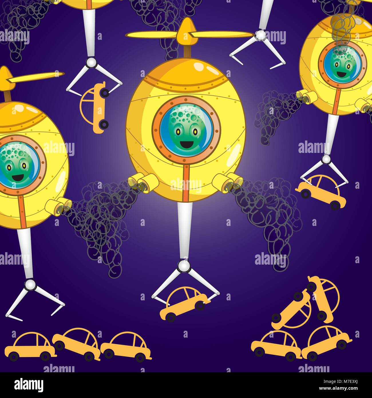 UFO Attack.It's getting the car up in the sky. Illustration vector cartoon. Stock Vector