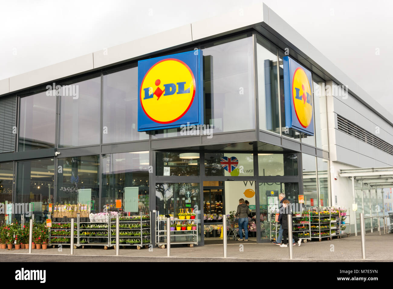 Ringwood branch of Lidl supermarket, opened in 2017 on Christchurch Road, Hampshire, UK in early spring with bedding plants on display. Stock Photo