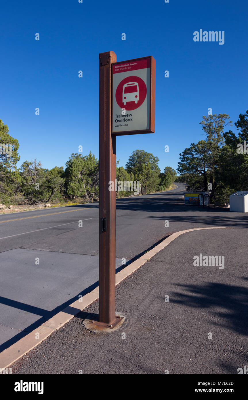 Red Route shuttle bus stop at Trail View Point. Arizona, USA Stock Photo