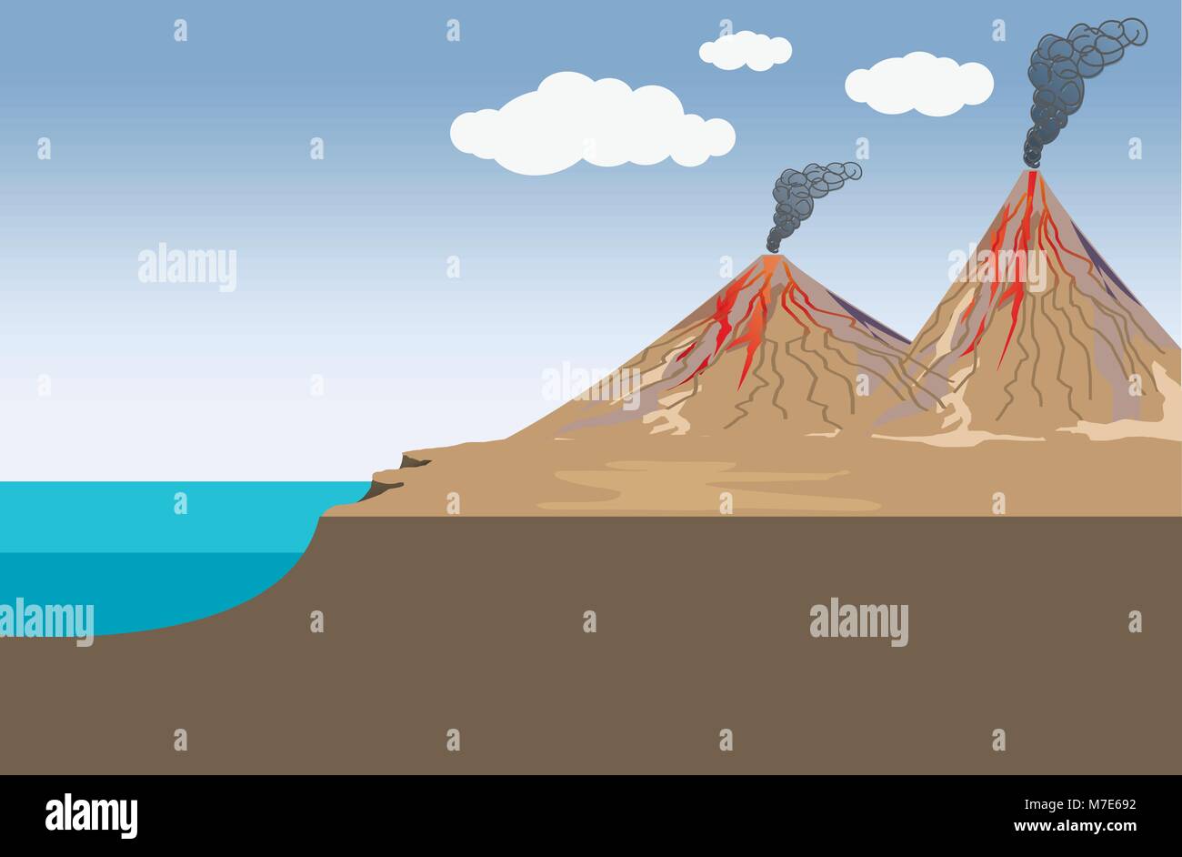 Volcano is a rupture in the crust of a planetary-mass object, such as Earth, that allows hot lava, volcanic ash, and gases to escape from a magma cham Stock Vector