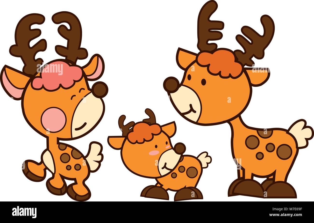 Family Deer cartoon character design. Cute animal illustration on white isolate. Stock Vector