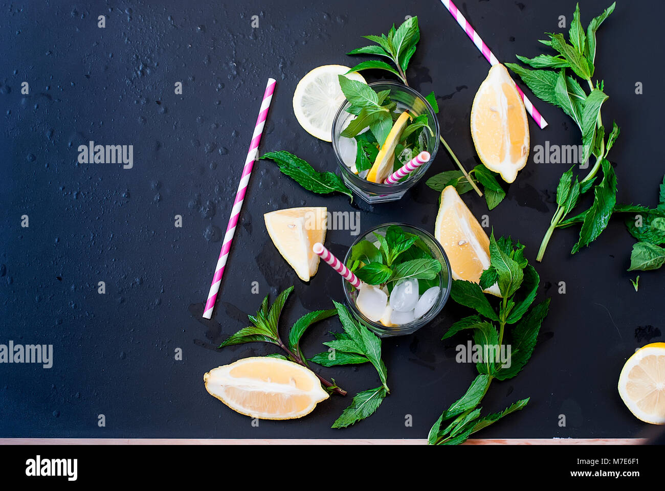 Fresh homemade lemonade in glass with ice and mint. Stock Photo
