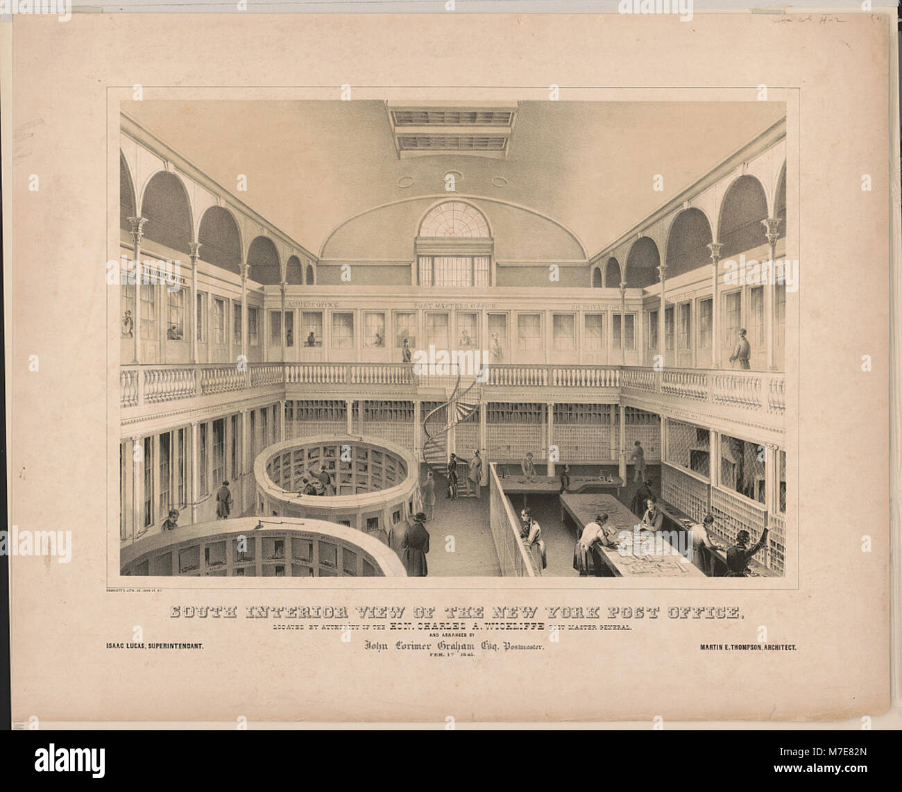 South interior view of the New York post office, located by authority of the Hon. Charles A. Wickliffe Post Master General, and arranged by John Lorimer Graham Esq. Postmaster. Fer. 1st 1845 LCCN2003664215 Stock Photo