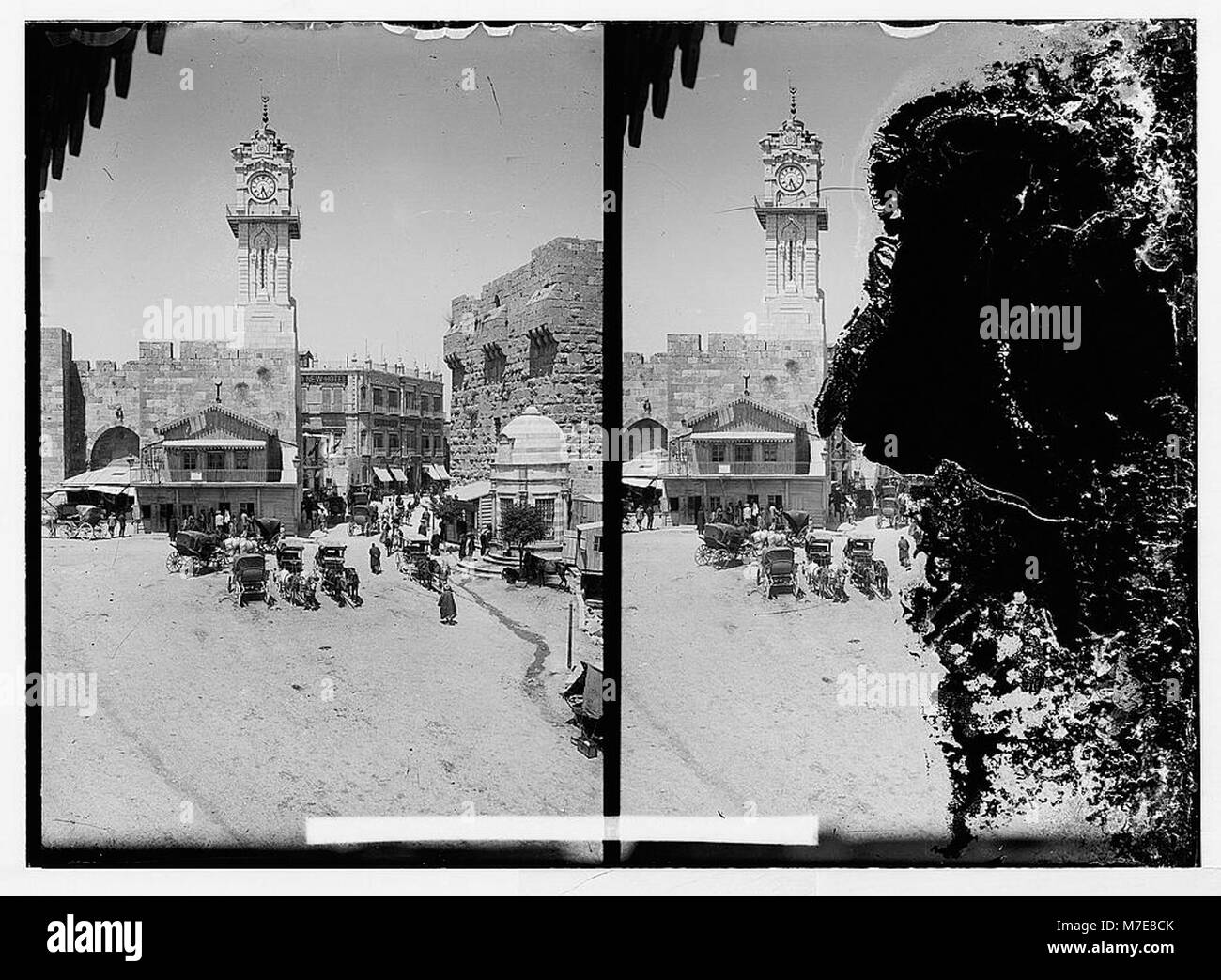 This image shows the new entrance and breach in the wall of Jerusalem, possibly a historical moment related to changes in the city's fortifications or significant events in the region's history. Stock Photo