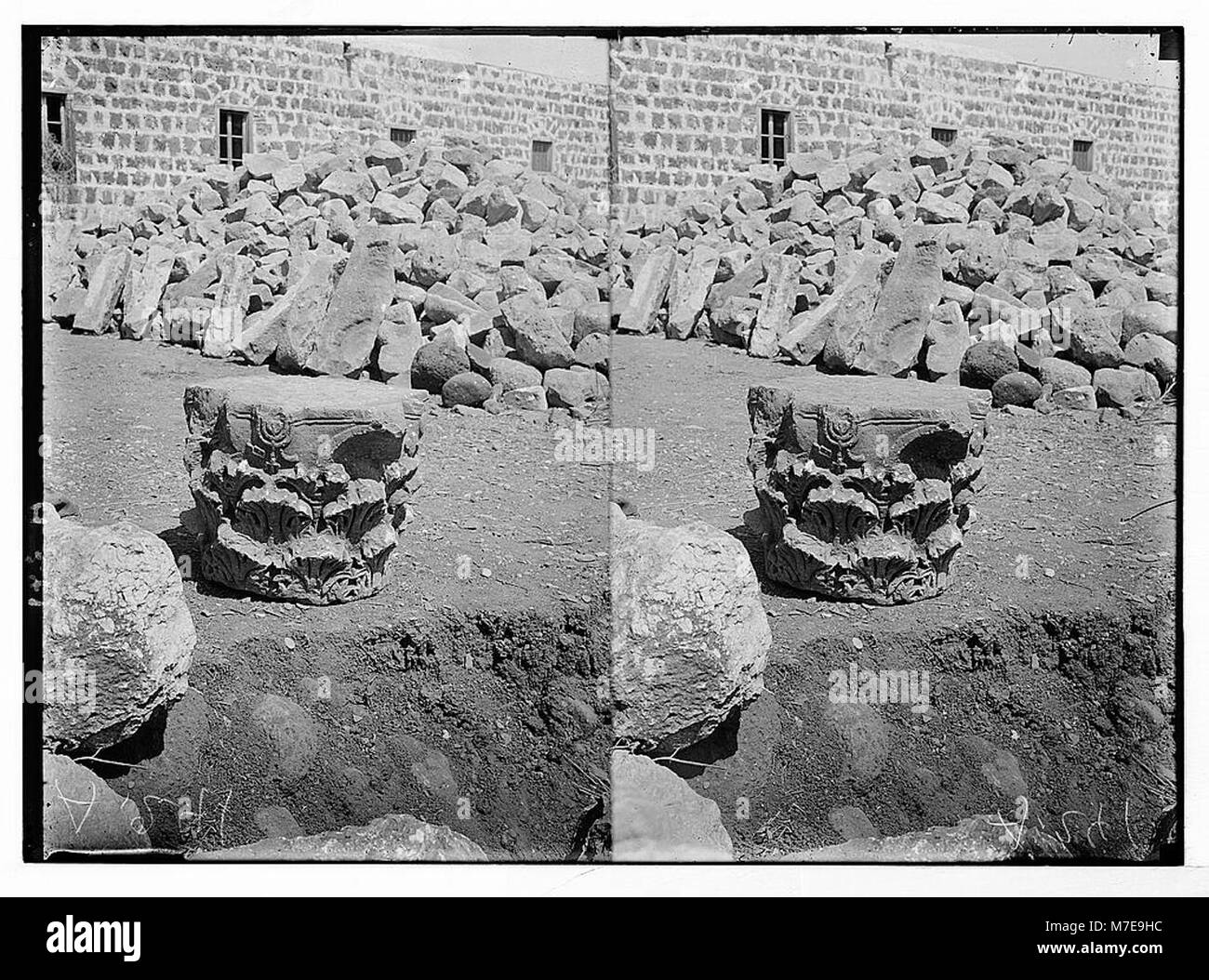 Northern views. Remarkable remains of the synagogue at Capernaum. Corinthian capitals with seven-branched candlestick LOC matpc.05182 Stock Photo