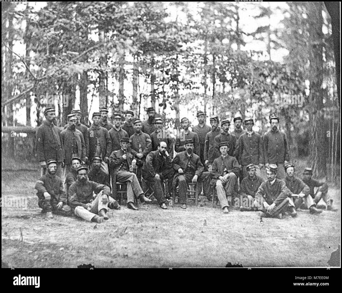 This photograph shows commissioned and noncommissioned officers from Companies C and D of the 1st Massachusetts Cavalry during the American Civil War, reflecting military organization of the time. Stock Photo