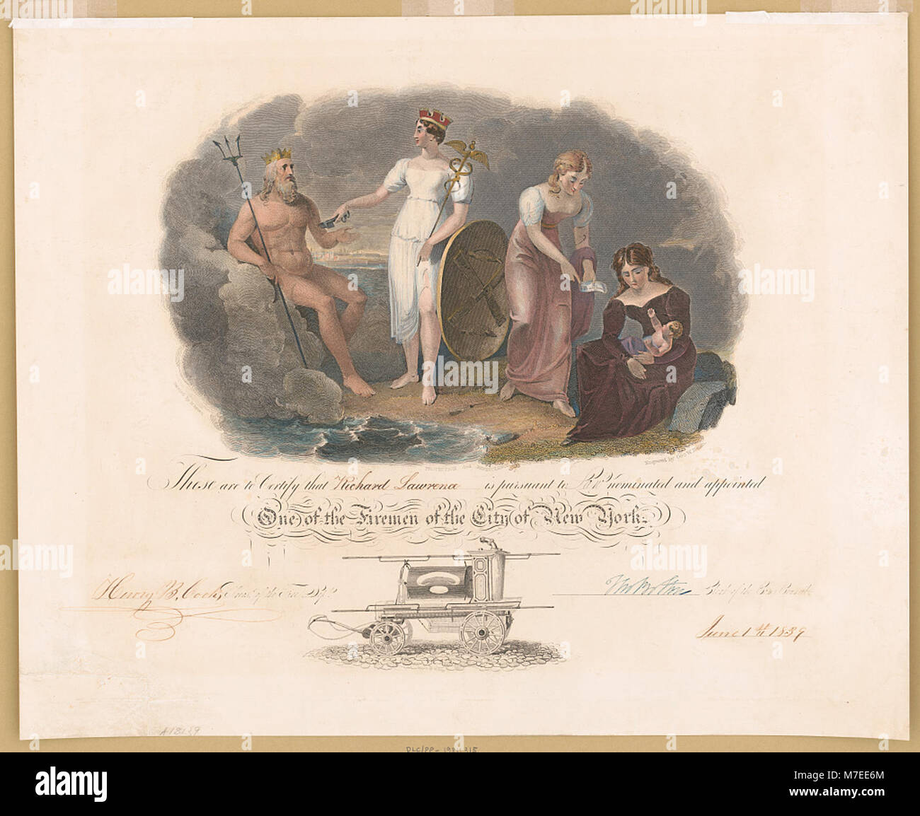These are to certify that Richard Lawrence is pursuant to law nominated and appointed one of the fireman of the City of New York - painted by H. Inman ; engraved by Geo. W. Hatch. LCCN2018645785 Stock Photo